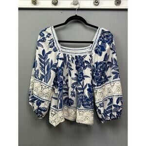 CHRISTIAN SIRIANO BLUE & WHITE  FLORAL BLOUSE